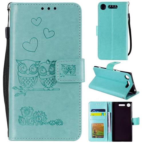 Embossing Owl Couple Flower Leather Wallet Case for Sony Xperia XZ1 - Green