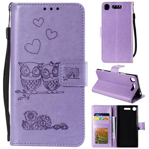 Embossing Owl Couple Flower Leather Wallet Case for Sony Xperia XZ1 - Purple