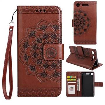 Embossing Half Mandala Flower Leather Wallet Case for Sony Xperia XZ1 - Brown
