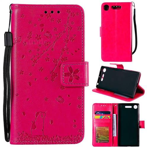 Embossing Cherry Blossom Cat Leather Wallet Case for Sony Xperia XZ1 - Rose