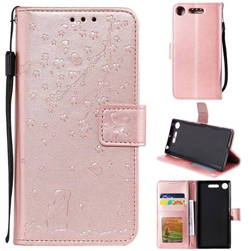 Embossing Cherry Blossom Cat Leather Wallet Case for Sony Xperia XZ1 - Rose Gold
