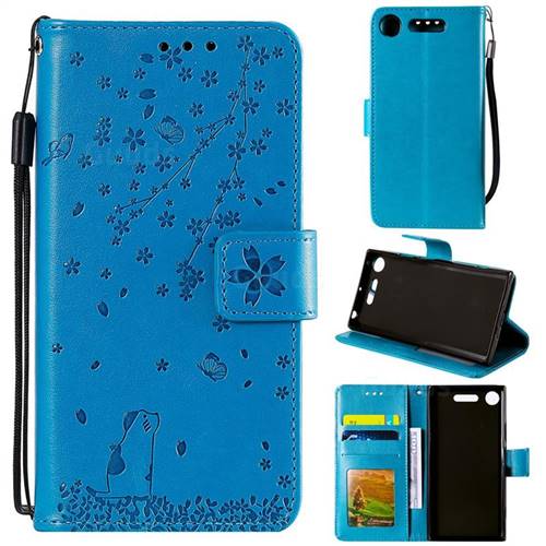 Embossing Cherry Blossom Cat Leather Wallet Case for Sony Xperia XZ1 - Blue