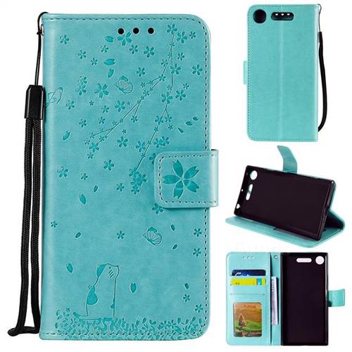 Embossing Cherry Blossom Cat Leather Wallet Case for Sony Xperia XZ1 - Green