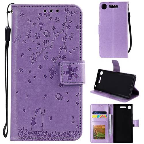 Embossing Cherry Blossom Cat Leather Wallet Case for Sony Xperia XZ1 - Purple