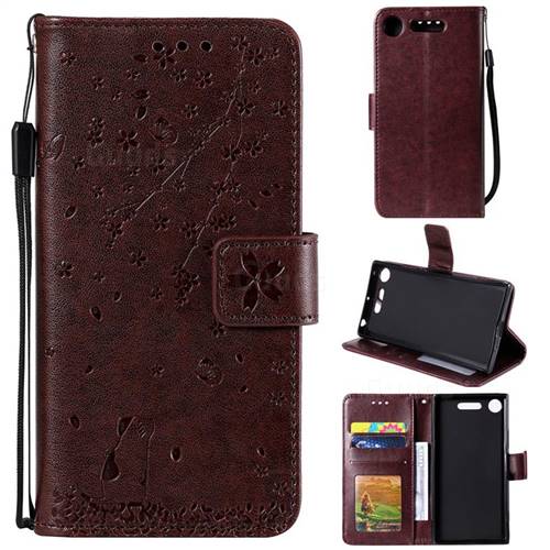 Embossing Cherry Blossom Cat Leather Wallet Case for Sony Xperia XZ1 - Brown