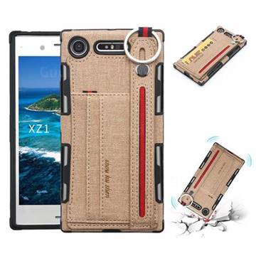 British Style Canvas Pattern Multi-function Leather Phone Case for Sony Xperia XZ1 - Khaki