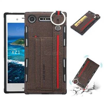 British Style Canvas Pattern Multi-function Leather Phone Case for Sony Xperia XZ1 - Brown