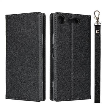 Ultra Slim Magnetic Automatic Suction Silk Lanyard Leather Flip Cover for Sony Xperia XZ1 - Black