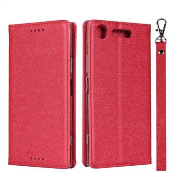 Ultra Slim Magnetic Automatic Suction Silk Lanyard Leather Flip Cover for Sony Xperia XZ1 - Red