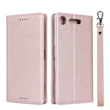 Ultra Slim Magnetic Automatic Suction Silk Lanyard Leather Flip Cover for Sony Xperia XZ1 - Rose Gold