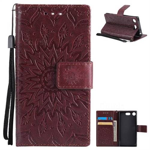 Embossing Sunflower Leather Wallet Case for Sony Xperia XZ1 Compact - Brown