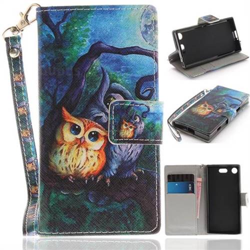 Oil Painting Owl Hand Strap Leather Wallet Case for Sony Xperia XZ1 Compact