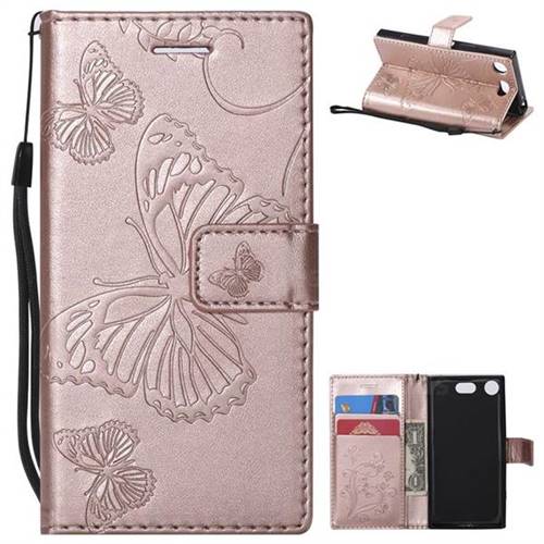 Embossing 3D Butterfly Leather Wallet Case for Sony Xperia XZ1 Compact - Rose Gold