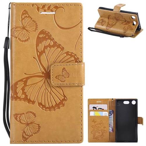 Embossing 3D Butterfly Leather Wallet Case for Sony Xperia XZ1 Compact - Yellow