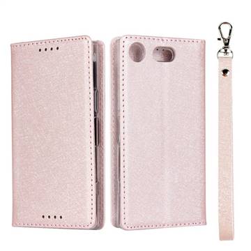 Ultra Slim Magnetic Automatic Suction Silk Lanyard Leather Flip Cover for Sony Xperia XZ1 Compact - Rose Gold