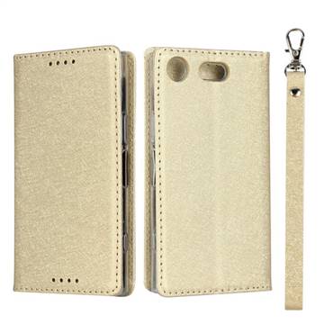 Ultra Slim Magnetic Automatic Suction Silk Lanyard Leather Flip Cover for Sony Xperia XZ1 Compact - Golden