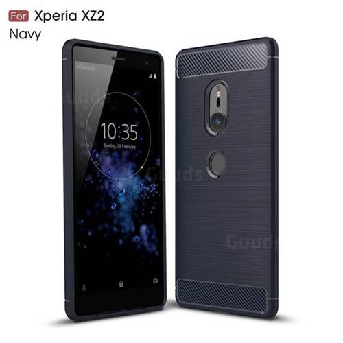 Luxury Carbon Fiber Brushed Wire Drawing Silicone TPU Back Cover for Sony Xperia XZ2 - Navy