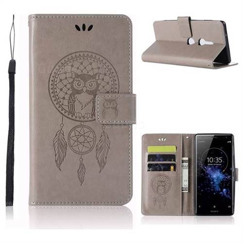 Intricate Embossing Owl Campanula Leather Wallet Case for Sony Xperia XZ2 - Grey