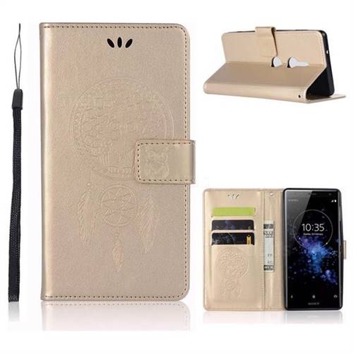Intricate Embossing Owl Campanula Leather Wallet Case for Sony Xperia XZ2 - Champagne