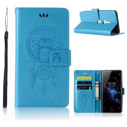 Intricate Embossing Owl Campanula Leather Wallet Case for Sony Xperia XZ2 - Blue