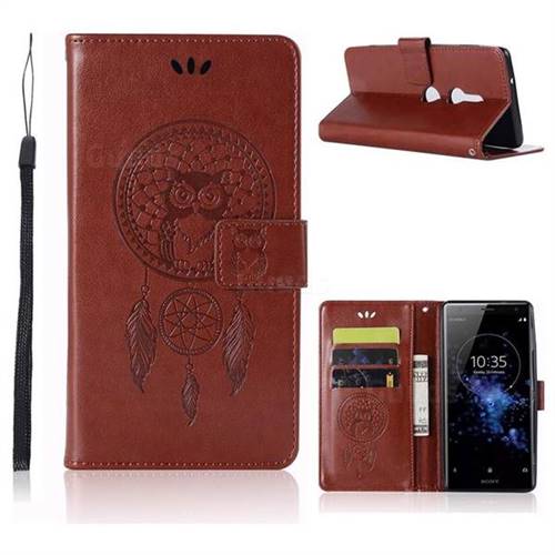 Intricate Embossing Owl Campanula Leather Wallet Case for Sony Xperia XZ2 - Brown