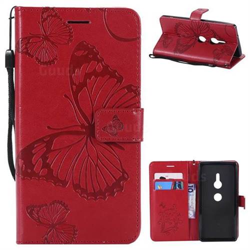Embossing 3D Butterfly Leather Wallet Case for Sony Xperia XZ2 - Red