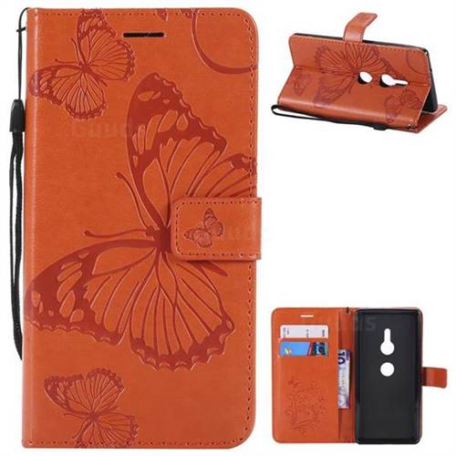 Embossing 3D Butterfly Leather Wallet Case for Sony Xperia XZ2 - Orange