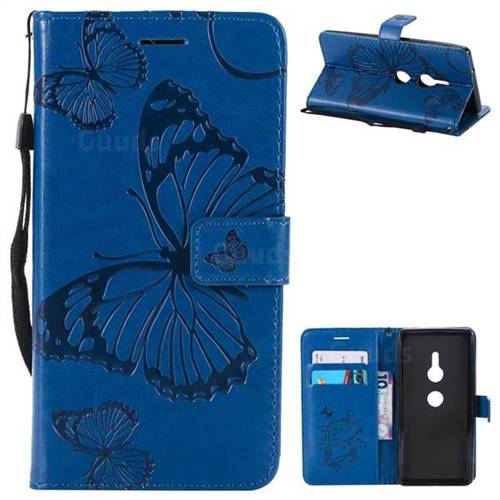 Embossing 3D Butterfly Leather Wallet Case for Sony Xperia XZ2 - Blue