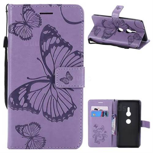 Embossing 3D Butterfly Leather Wallet Case for Sony Xperia XZ2 - Purple