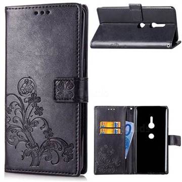 Embossing Imprint Four-Leaf Clover Leather Wallet Case for Sony Xperia XZ2 - Black