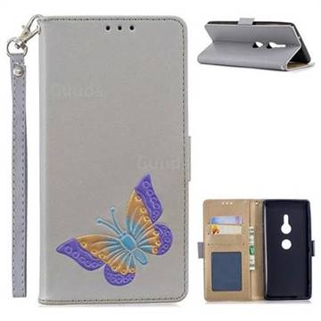 Imprint Embossing Butterfly Leather Wallet Case for Sony Xperia XZ2 - Grey
