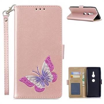 Imprint Embossing Butterfly Leather Wallet Case for Sony Xperia XZ2 - Rose Gold
