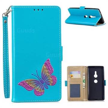Imprint Embossing Butterfly Leather Wallet Case for Sony Xperia XZ2 - Sky Blue