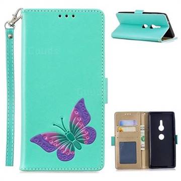 Imprint Embossing Butterfly Leather Wallet Case for Sony Xperia XZ2 - Mint Green