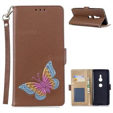 Imprint Embossing Butterfly Leather Wallet Case for Sony Xperia XZ2 - Brown