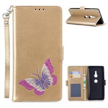 Imprint Embossing Butterfly Leather Wallet Case for Sony Xperia XZ2 - Golden