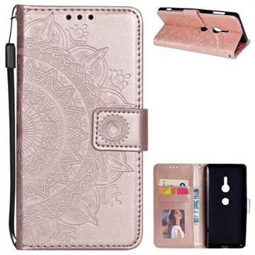 Intricate Embossing Datura Leather Wallet Case for Sony Xperia XZ2 - Rose Gold