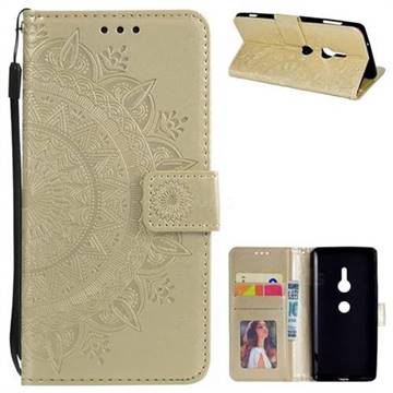 Intricate Embossing Datura Leather Wallet Case for Sony Xperia XZ2 - Golden