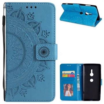 Intricate Embossing Datura Leather Wallet Case for Sony Xperia XZ2 - Blue