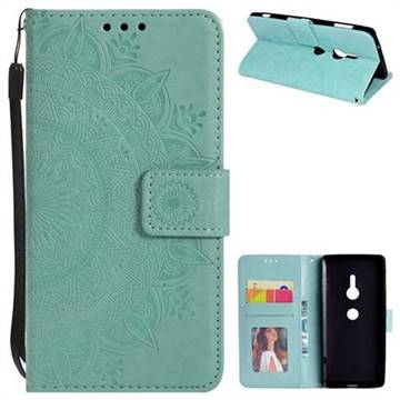 Intricate Embossing Datura Leather Wallet Case for Sony Xperia XZ2 - Mint Green