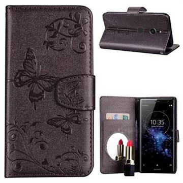Embossing Butterfly Morning Glory Mirror Leather Wallet Case for Sony Xperia XZ2 - Silver Gray