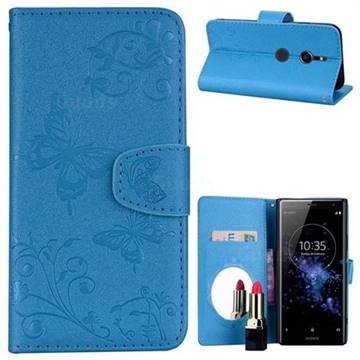 Embossing Butterfly Morning Glory Mirror Leather Wallet Case for Sony Xperia XZ2 - Blue