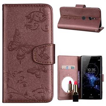 Embossing Butterfly Morning Glory Mirror Leather Wallet Case for Sony Xperia XZ2 - Coffee