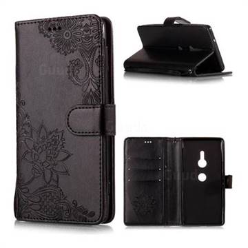 Intricate Embossing Lotus Mandala Flower Leather Wallet Case for Sony Xperia XZ2 - Black
