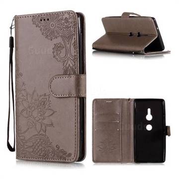 Intricate Embossing Lotus Mandala Flower Leather Wallet Case for Sony Xperia XZ2 - Gray