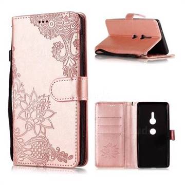 Intricate Embossing Lotus Mandala Flower Leather Wallet Case for Sony Xperia XZ2 - Rose Gold