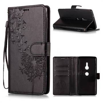 Intricate Embossing Dandelion Butterfly Leather Wallet Case for Sony Xperia XZ2 - Black