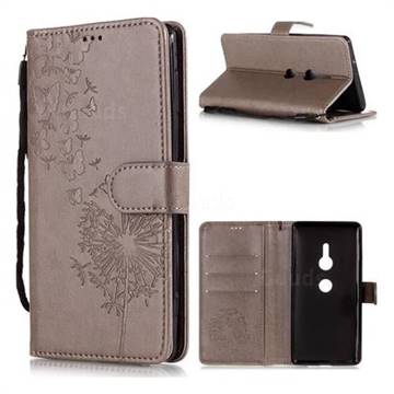 Intricate Embossing Dandelion Butterfly Leather Wallet Case for Sony Xperia XZ2 - Gray