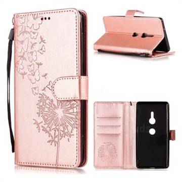 Intricate Embossing Dandelion Butterfly Leather Wallet Case for Sony Xperia XZ2 - Rose Gold