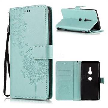 Intricate Embossing Dandelion Butterfly Leather Wallet Case for Sony Xperia XZ2 - Green